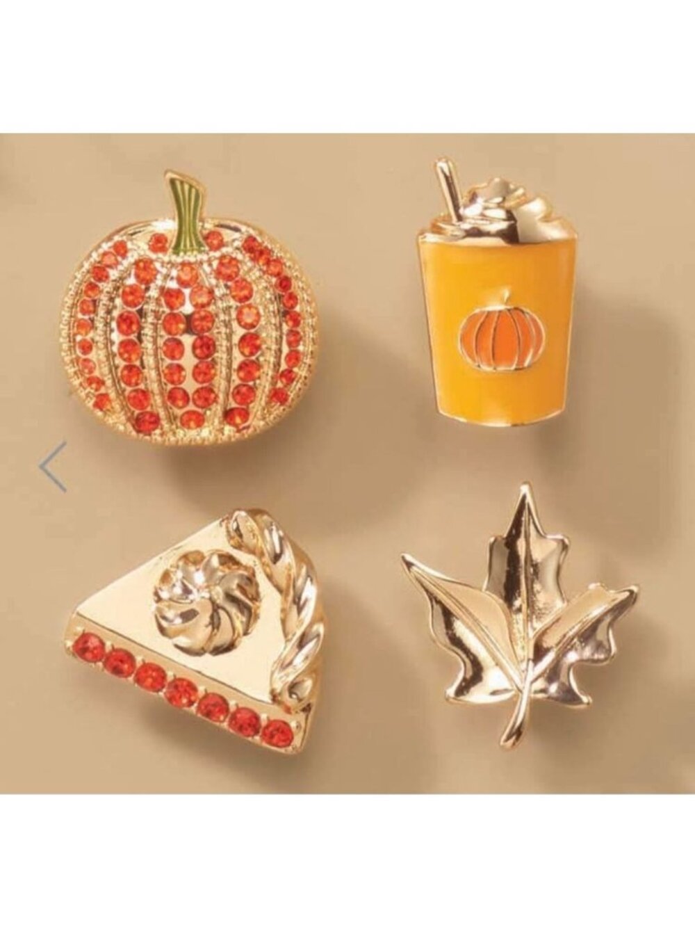 Set Of 4 Fall-Themed Enamel & Rhinestone Pins Pumpkin Pie Leaf & Coffee Design